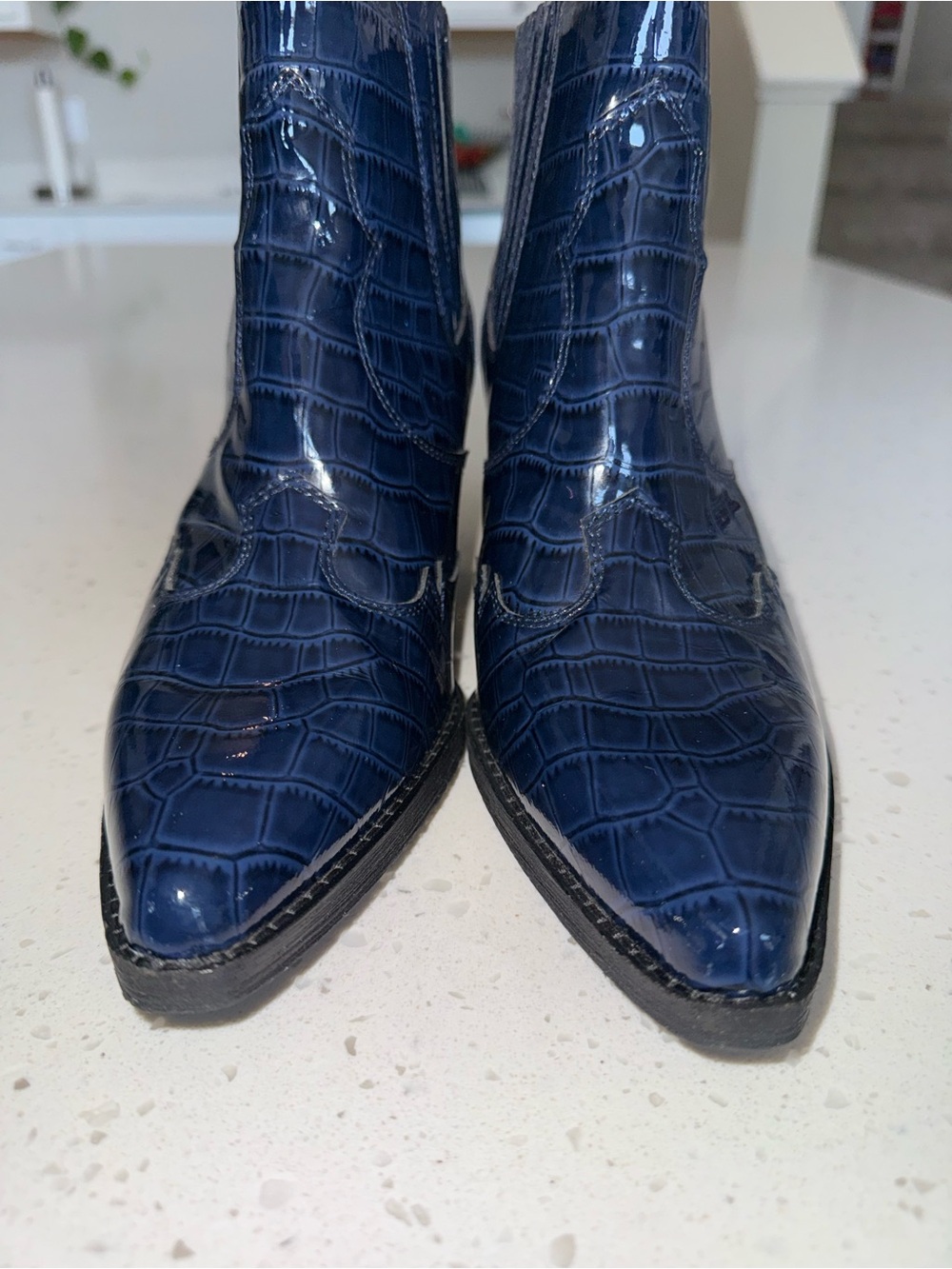 Sam Edelman Navy Croc-Embossed Patent Ankle Booties - Picture 4 of 14